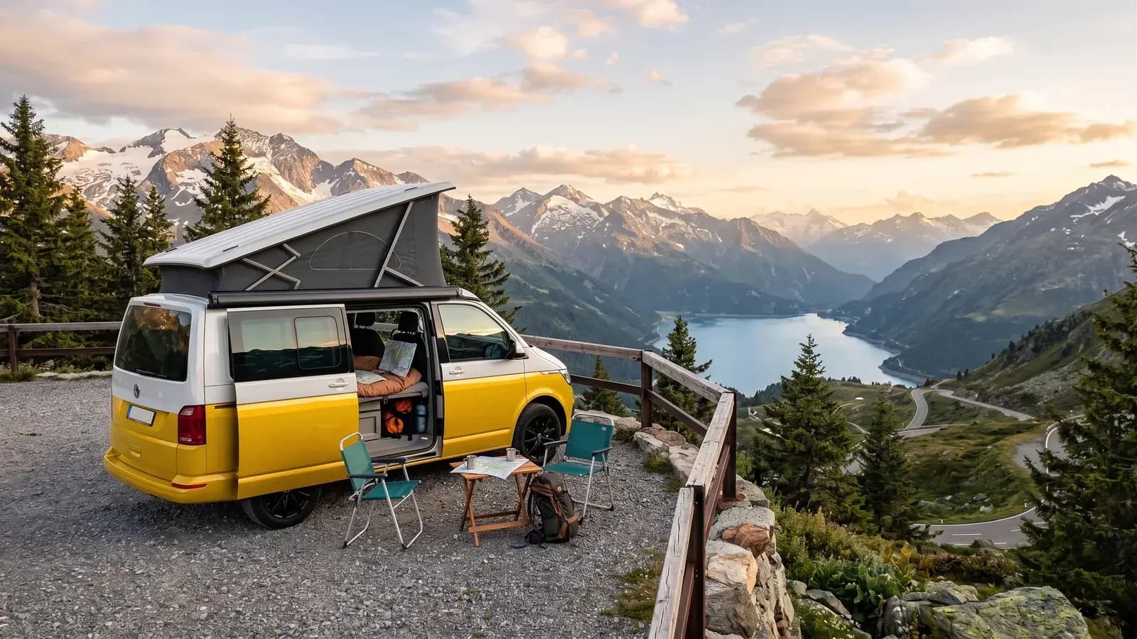 beWinkle campervan parked at a mountain viewpoint during a trip through Europe