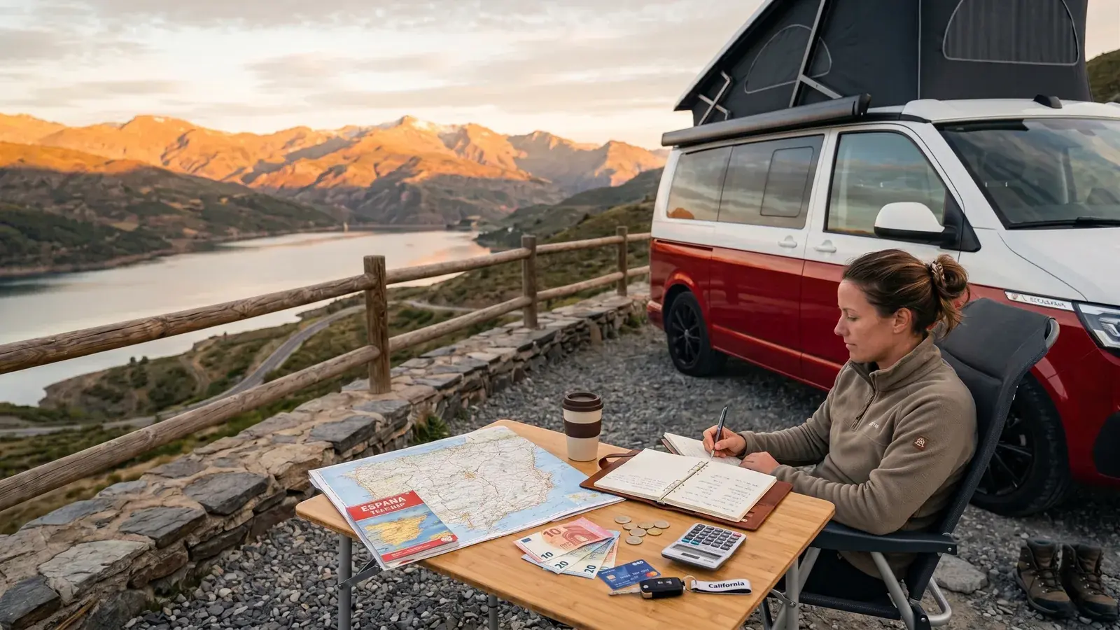 Table next to a campervan with a map, calculator and travel budget breakdown