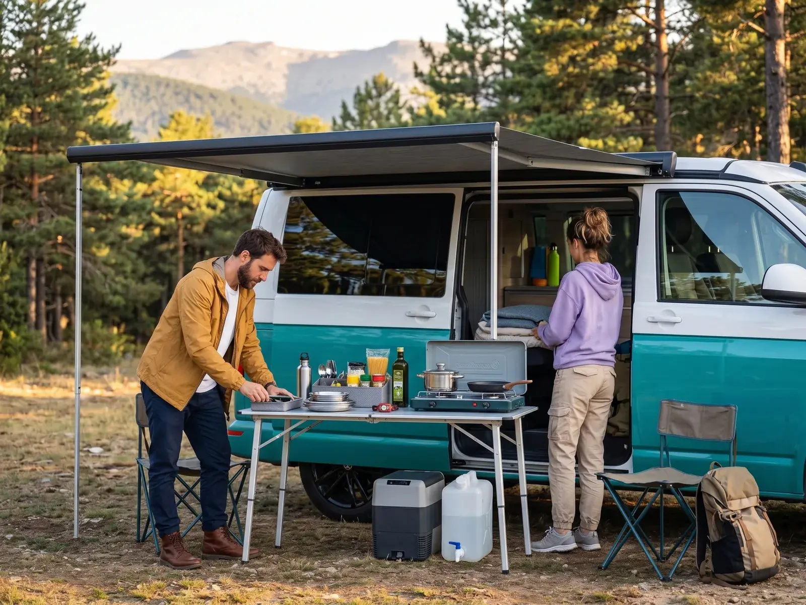 Couple setting up the outdoor kitchen and awning of a beWinkle campervan in the forest