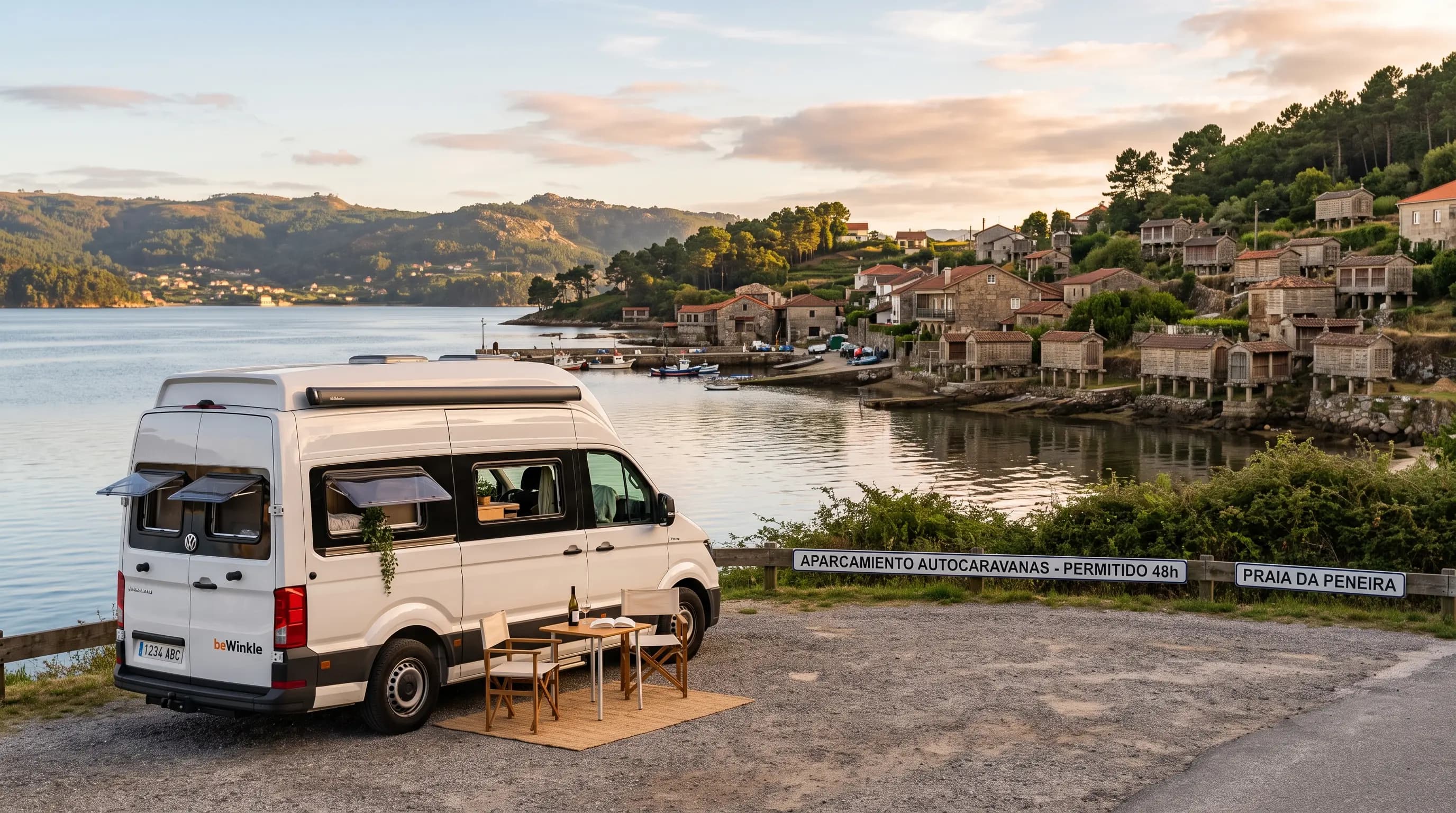 beWinkle campervan facing the rocky coastline and a lighthouse on the Costa da Morte