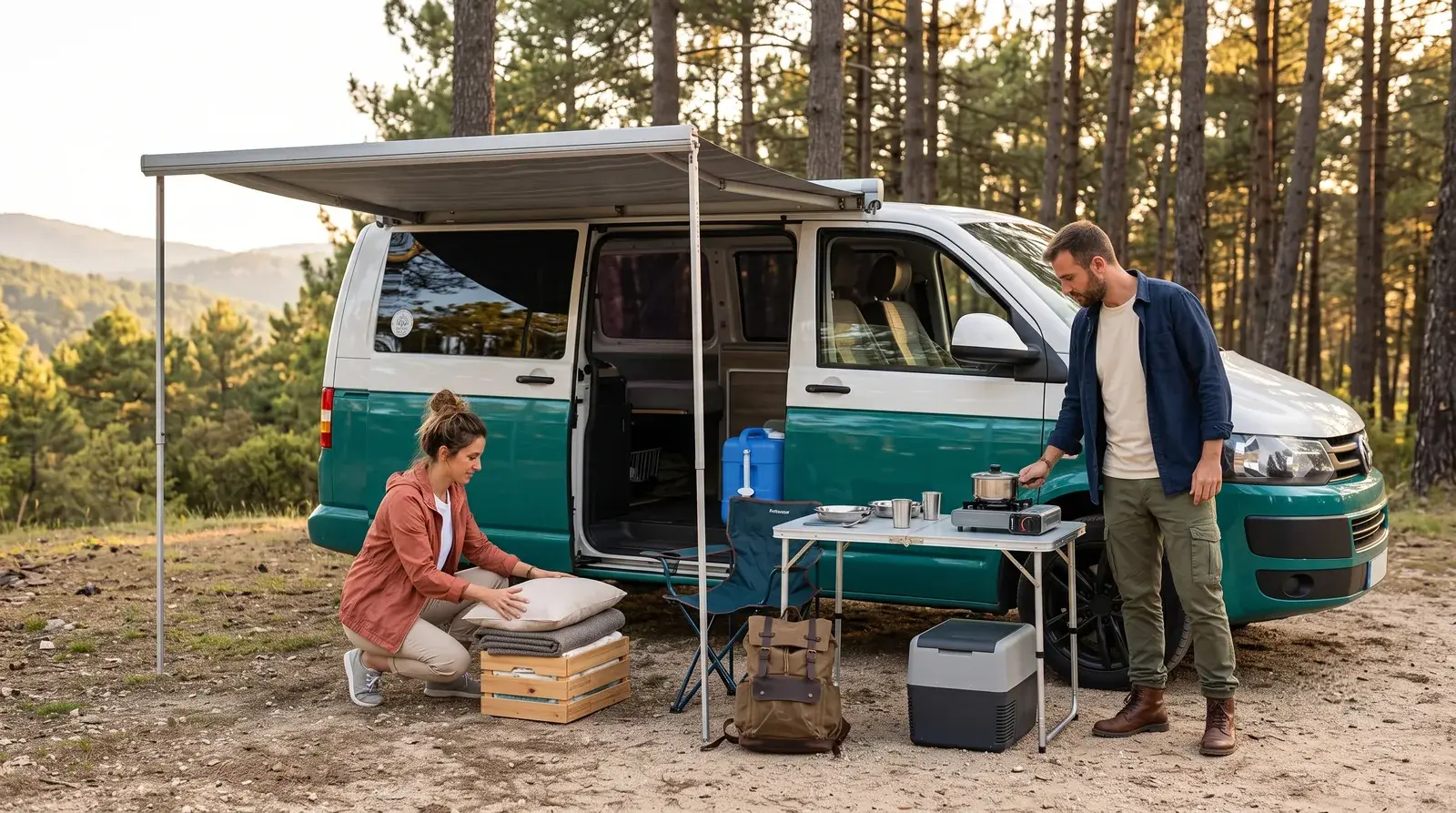 Couple sorting out bedding, kitchen gear and the fridge in a rental campervan