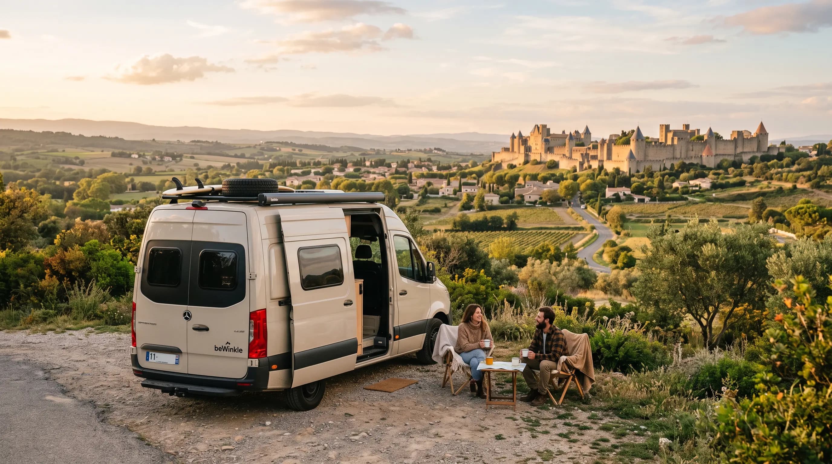 beWinkle campervan on a route through the south of France with Carcassonne in the background
