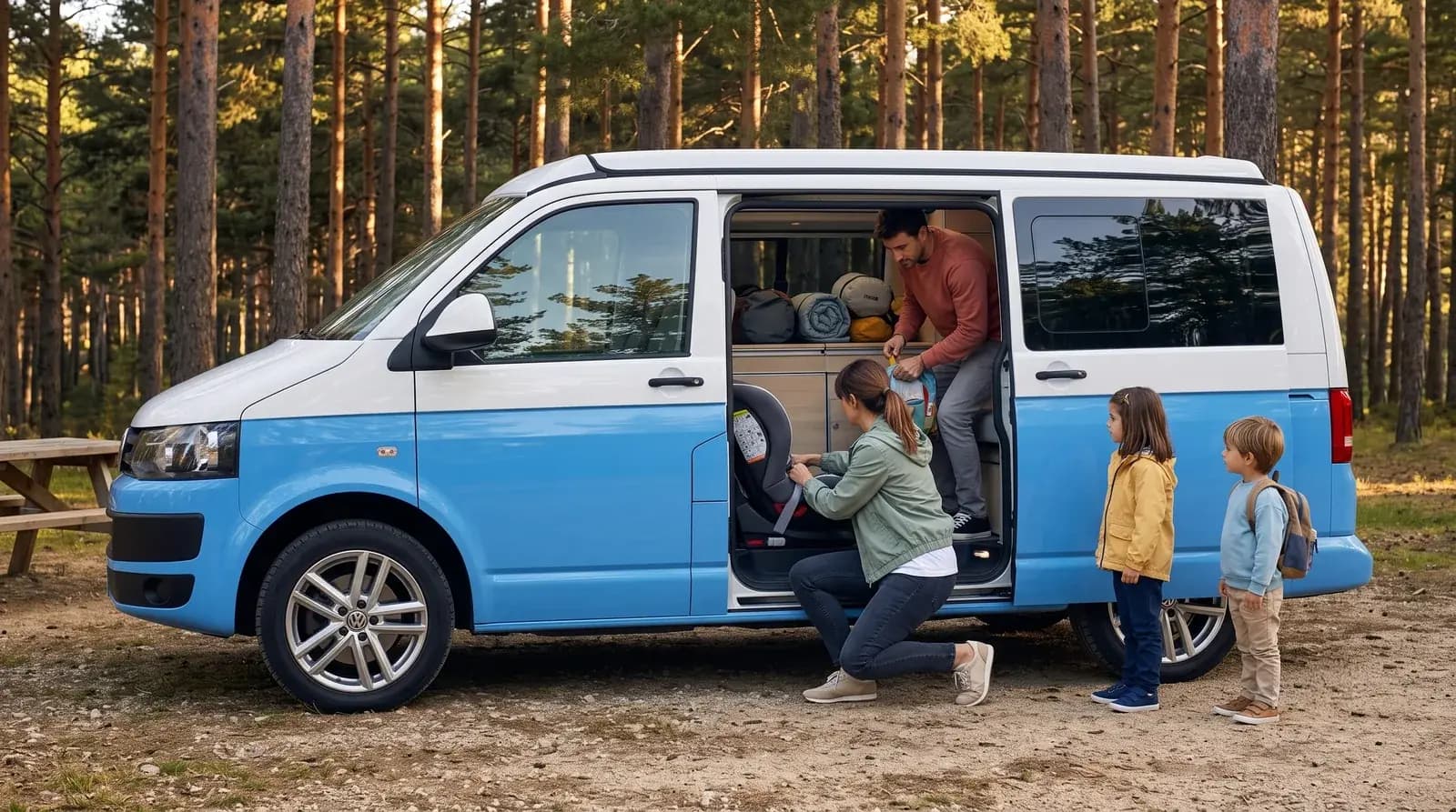 Family preparing a beWinkle campervan to travel with children